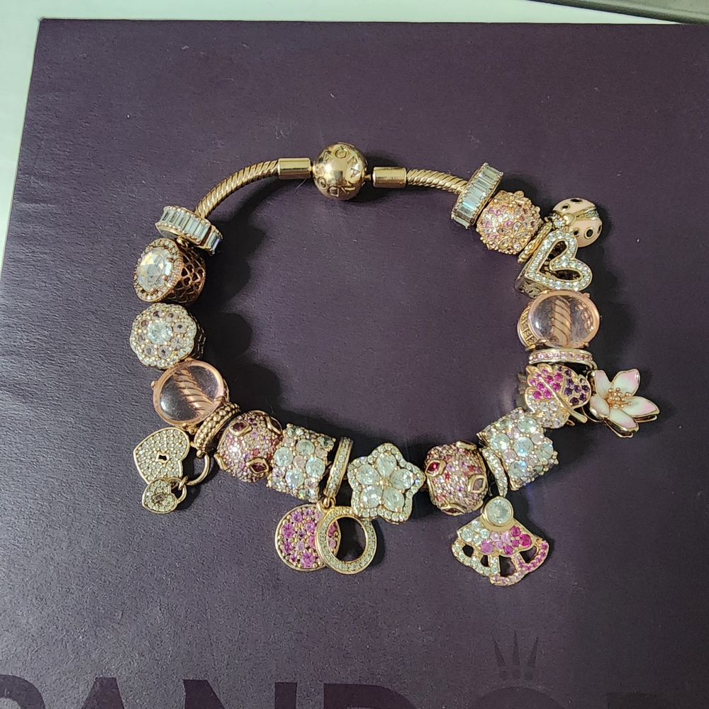 Pandora Gold and Pink Charm Bracelet